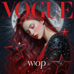 3 d, close - up, red and black stars, sleepy fashion model, moon rays, vogue cover style, poster art, hyper detail, intricate oil painting, multiple exposure, night mood, 3 d, by tooth wu and wlop and beeple and greg rutkowski