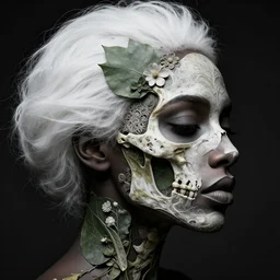 a beautiful black woman's face in profile made of leaf and floral skeleton, in the style of the dutch masters and gregory crewdson, white hair, dark and moody aesthetic, 8 k, matte, intricate detail, hyper detailed, surrealism, fantasy, elegant,