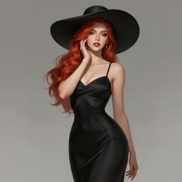 a highly detailed illustration of tall beautiful red haired lady wearing black spaghetti strap noir style dress and sun hat, elegant stroking face pose, intricate, elegant, highly detailed, centered, digital painting, artstation, concept art, smooth, sharp focus, league of legends concept art, wlop.