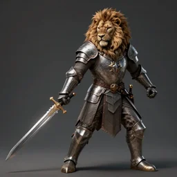 Lion knight in medieval gear fighting with a sword, fantasy, digital art, realistic, artstation, detailed