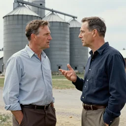 portrait of a pair of men having an argument outside of a grain silo, by norman rockwell