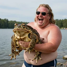 a leaked, dramatic, color photo of a fat man caught the worlds largest toad. the fat man is very very sweaty, has long blonde hair, is wearing a swimsuit, 1 9 9 8 sunglasses and he is screaming in pleasure