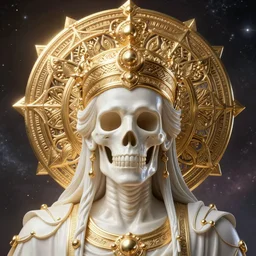 a portrait of the thanatos the emperor of death wearing an ornate headdress made of gold metal and mandalas, surrealism, smooth, intricate, elegant, galactic energy, death and dying, golden glow, digital painting, artstation, concept art, high tech fantasy, sharp focus, illustration, art by jason chan and riot studios and blizzard studios