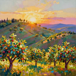 hills with fruit trees, golden hour, by jill charuk and tsviatko kinchev, saturated, oil painting, glitch colors, 4 k