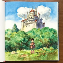 laputa castle in the sky robot hayao miyazaki stands in a small clearing among trees, watercolor illustration for a book