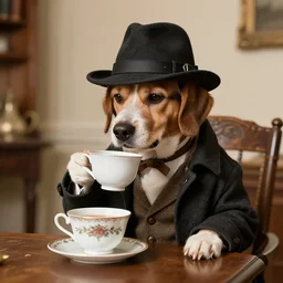 real photo of a dog dressed as sherlock holmes drinking tea