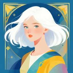 editorial illustration by  Mads Berg andKarolis Strautniekas ,portrait of a young girl flowing white hair,  colorful,modern art deco,, stippled light, fine texture, editorial illustration, dramatic lighting, dynamic composition, detailed, matte print, dynamic perspective, cinematic, film noir