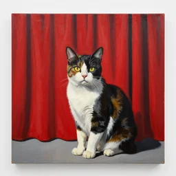 painting of cat with red stage curtain background by banksy and michaelangelo