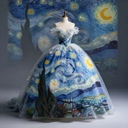Stunning photograph of a magnificent and ethereal ball gown designed after by Van Gogh's Starry Night. Fashion contest winning piece. Studio lighting