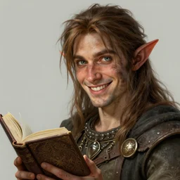 male halfling bard, beautiful detailed eyes and a bright smile, dirty, fantasy, intricate, rough, highly detailed, digital painting, 4k, HDR, concept art, detailed book, smooth, sharp focus, upper body shot, illustration, art by Artgerm, H R Giger and Alphonse Mucha