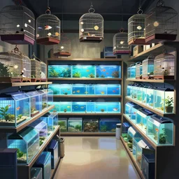 low contrast unassuming mild pleasant pleasing two - point - perspective anime background clean neat clarity professional visual development set design, tiny cozy store with many hanging bird cages and orderly shelves of bright fish aquariums, neat rows of sparse terrariums, dim painterly lighting volumetric aquatics, impasto, trending on pixiv