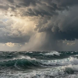 stunning and very detailed seascape with a huge storm by j. m. w. turner, cinematic shot, ocean waves, atmospheric, highly detailed, day, heavenly dramatic lighting, very realistic, cinematic lighting, volumetric lighting, photographic, 8 k render, wind, featured on artstation