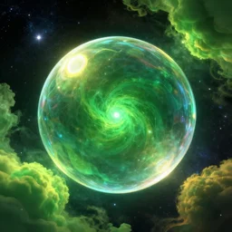 big glass bubble in a cosmos space full of stars and vibrant clouds, volumetric light, green and yellow colors, digital art, artstation