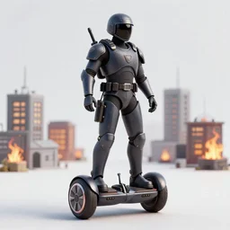 An Armored soldier riding a hoverboard with several buildings on fire behind him, cinematic lighting, highly detailed, 8k octane render