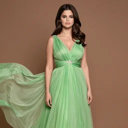 Selena Gomez as a beautiful goddess wearing an elegant flowing green dress