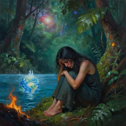highly detailed surrealist painting of deep sadness alone, expressive emotional piece, trending on art station, emotional expression, lost in the jungle forrest tropical ocean fire water ice earth galactic cosmic nebula, very very very beautiful
