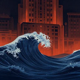 ocean wave, mads berg, karolis strautniekas, film noir, stippled light, dramatic lighting, editorial illustration, detailed, fine texture, matte print, art deco, brutalism, dark blue + dark orange, red, black, ( ( habitat 6 7 background ) ) 1 0 2 4