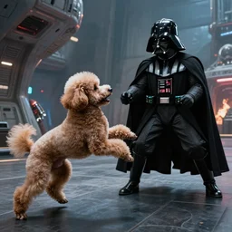 A jedi poodle dueling with Darth Vader in a damaged ship, movie scene, photo realistic