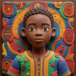 colourful - claymation - upper half - portrait - art of a nigerian boy, concept art style by utagawa kunisada & james jean, symmetrical, intricate detail, concept art, volumetric light, global illumination, ray tracing, sharp, pinterest, behance, art station,