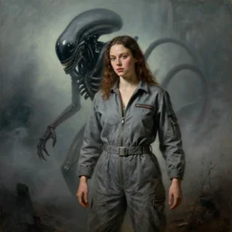 Ripley changing out of her gray jumpsuit, xenomorph in the background, eerie fog, oil painting in the style of classicism