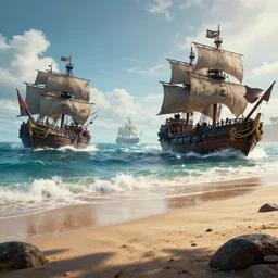 Beach Landing at war with pirate ships, volumetric lighting, cinematic, unreal engine