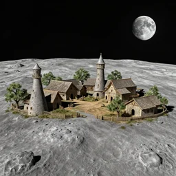 medieval farm on the surface of the moon. digital artwork landscape - n 4