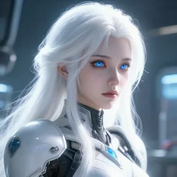 detailed portrait of perfect white haired girl, warframe armor, beautiful, dreamy, pretty face, blue eyes, bright light, scifi, laboratory, 4 k, high definition, ultra realistic, aura of light, cinematic, extreme details, focused, masterpiece, art by akihito tsukushi