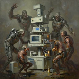 oil paint dethroning battle of machines, tiered medical equipment, by wayne d barlowe, boris vallejo, stefano tamburini, torch light, muted colors, epic, hyper detailed, awe inspiring, award winning horror, hyper realism, cinematic