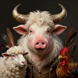 a hyper detailed full face portrait of a anthropomorphic joaquin phoenix as the king of animals, cow horns, pig nose, sheep wool, chicken feathers, horror, by anna podedworna, by miklos ligeti, by diego maricato, by taran fiddler, by antonino truisi, on artstation