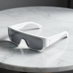 white futuristic glasses layed on a marble table, amazing detail,, studio lighting, 3D redner, ray tracing