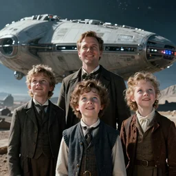 extremely sharply detailed, from blockbuster 8 k sci fi color movie freeze frame, set in 1 8 6 0, family standing in front of a crashed spaceship, on alien planet, looking happy, wearing 1 8 5 0 s era clothes, atmospheric lighting, in focus, reflective eyes, 1 mm macro lens, live action, nice composition, good photography, clear facial details