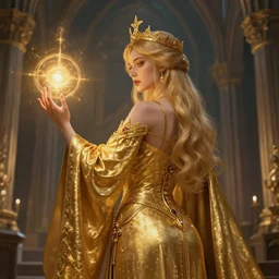 Priestess, golden robes, accessories, beautiful, holy magic, casting, church background, high fantasy, dnd, d&d, detailed, gorgeous derriere, face focus!, matte painting, by Genzoman, greg rutkowski, WLOP and Andrei Riabovitchev, trending on Artstation, artstationHD, artstationHQ, deviantart