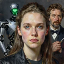 realistic portrait beautiful painting from scene in the terminator movie, when robot turned into green lantern corp. horror, created by thomas kinkade and gustave courbet, fine draw, high detailed.