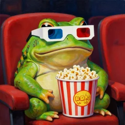 hyper realistic oil painting of chubby green toad wearing anachrome 3 d glasses and sitting in the cinema with bucket of popcorn, vibrant colors, high contrast, by greg rutkowski, trending on artstation, animal caricaturist