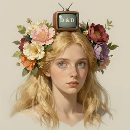 woman blond portrait tv on head, flowers in hair, art by studio ghibli and greg rutkowski and artgerm and ilya kuvshinov, portrait, d & d, fantasy, highly detailed, digital painting, headshot, trending on artstation, concept art, sharp focus, illustration art by artgerm and greg rutkowski and alphonse mucha