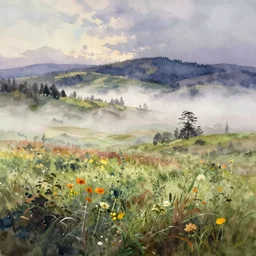 california style watercolor painting of scandinavian plains, meadows, fog and dust, art by anders zorn, wonderful masterpiece by greg rutkowski, cinematic light, american romanticism by greg manchess, creation by tyler edlin