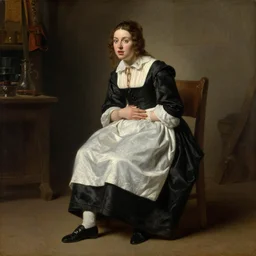 “portrait painting by rembrandt of a beautiful barmaid in old fashioned clothes looking at her own feet with a slightly surprised expression, detailed face, one of her hands is on her torso, another is on her stomach, medieval tavern in the background, 4k oil on linen by Edmund Blair Leighton, highly detailed, soft lighting 8k resolution”