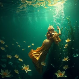 a beautiful effervescent, glowing, elaborate, lake with lillies, an underwater goddess climbs the sea kelp to reach the surface, she wears a swimming gold costume, her hair is massive, by edward hopper, tim winton, gothic, maurice sendak, made in hyperrealistic 3 d, dark green colours, nighttime