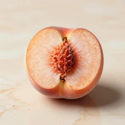 a peach half on a marble countertop. warm studio lighting, structured, 8 k, 4 k, high quality, digital art