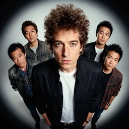 Bob Dylan portrait, kim jung gi style, Greg Rutkowski, Zabrocki, Karlkka, Jayison Devadas, Phuoc Quan, trending on Artstation, 8K, ultra wide angle, zenith view, pincushion lens effect