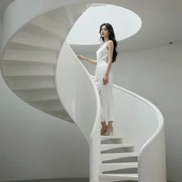 a elegant spiral staircase rises up to a landing, a beautiful girl with long dark hair, dressed in white , stands at the top