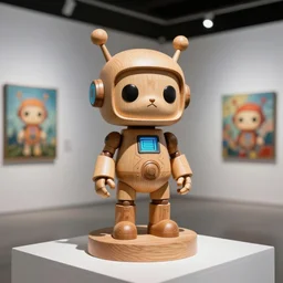 photo shot, ultra realistic 8 k octane sharp focus, wooden art toys on base cute robot mascot as a pop collectible figure cyberpunk, concept art, on the contemporary art gallery