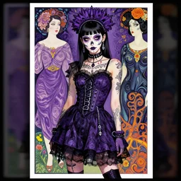 cute punk goth fashion fractal Día de los Muertos tattoed girl posing by Zhang Jingna, poster art by Hannah Höch Victor Moscoso Dan Mumford Kilian Eng Hannah Jeffrey Smith Rick Griffin Alphonse Mucha Gustav Klimt Ayami Kojima Amano Charlie Bowater, violet and black