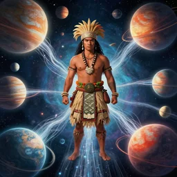 hawaiian warrior surrounded by planets connected by streams of magical, visually stunning, by james jean, jakub rebelka, tran nguyen, yoann lossel, wadim kashin
