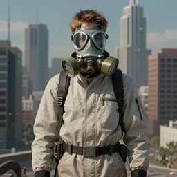 teenager wearing a boiler suit and a futuristic gas mask, city skyline in the background, science fiction concept art, by Dave McKean