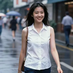 A middle-shot from front, color outdoor photograph portrait of a smiling young woman in sleeveless white shirt is walking on the rainy street, ambient lighting, 1990 photo from photograph Magazine.