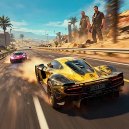 mad max fury road film still, racing on a post apocalyptic highway, gta 5, fallout 4, rocket league, hyper detailed, forza, smooth, high contrast, volumetric lighting, octane, george miller, jim lee, vibrant rich deep color, comic book, ridley scott