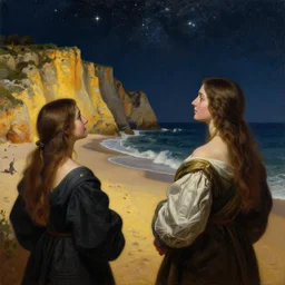beautiful oil matte portrait painting, people watching the stars at a portuguese cliff beach, wonderful masterpiece highly detailed, beautiful cinematic light deep focus, elegant, digital painting, smooth, sharp focus, golden ratio, dramatic illumination, ultra realistic, 8 k, art by artemisia lomi gentileschi and caravaggio