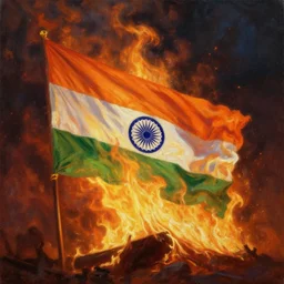 a cinematic dramatic painting of indian flag on fire, oil on canvas, by abraham pether, by greg rutkowski, trending on artstation, featured on pixiv, masterpiece, dramatic composition, brilliant lighting, highly detailed, hd, 8 k