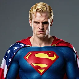 portrait of a evil blonde superman with blonde hair he is blinde and thin face lines, his cape is the american flag, he is angry